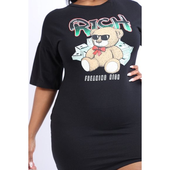 Women's Super Cute Rich Bear Printed T-Shirt Dress Plus Size Sexy Bodycon Dress - Picture 11 of 12